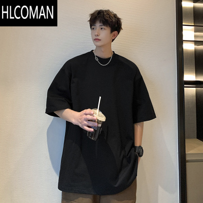 HLCOMAN精梳棉280gt恤潮牌纯黑色小领口短袖男款夏季落肩七分袖体恤