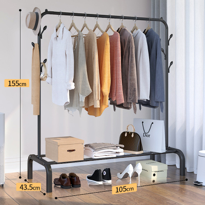  晾衣架落地卧室家用简易单杆凉晒衣杆室内折叠子小型挂衣服收 [升级款]置物架+双侧衣帽钩105cm睿智黑+送安装工具 1个