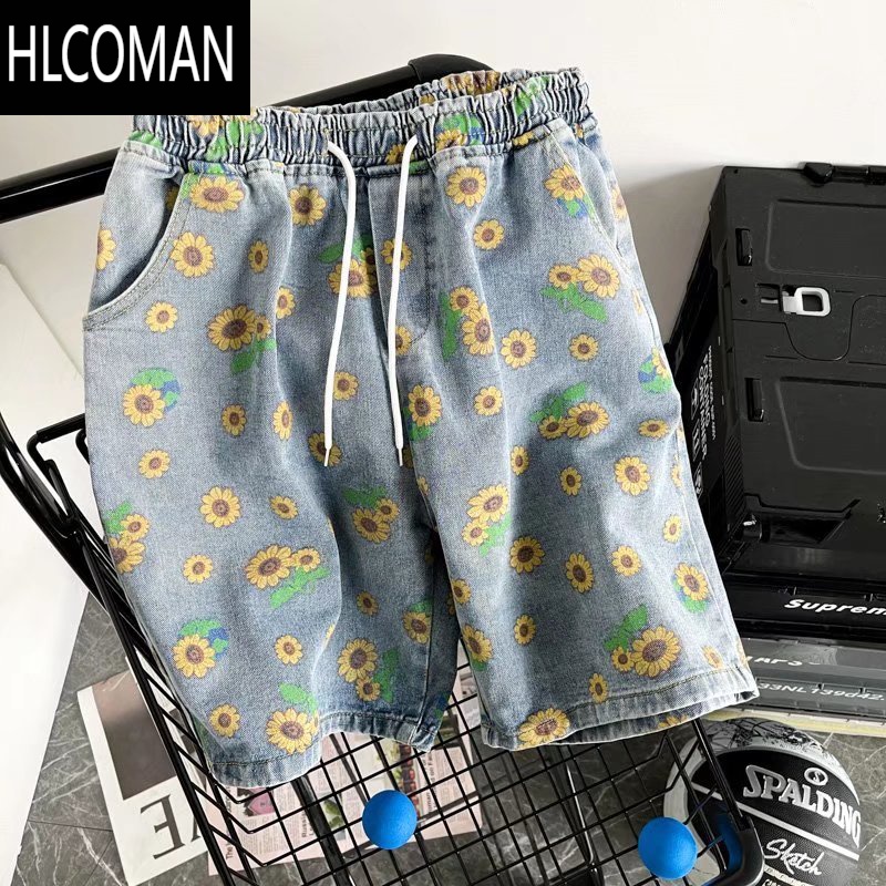 HLCOMAN日系复古小雏菊印花短裤男女夏季宽松休闲阔腿牛仔五分裤百搭裤子