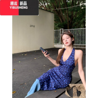 YIBUSHENG法式V领紫色挂脖连衣裙女季气质性感露背碎花长裙度假风包臀裙