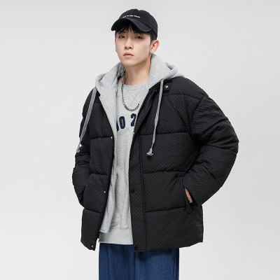 假两件棉衣男士冬季加厚韩版潮牌纯色连帽棉服宽松情侣装棉袄外套_1