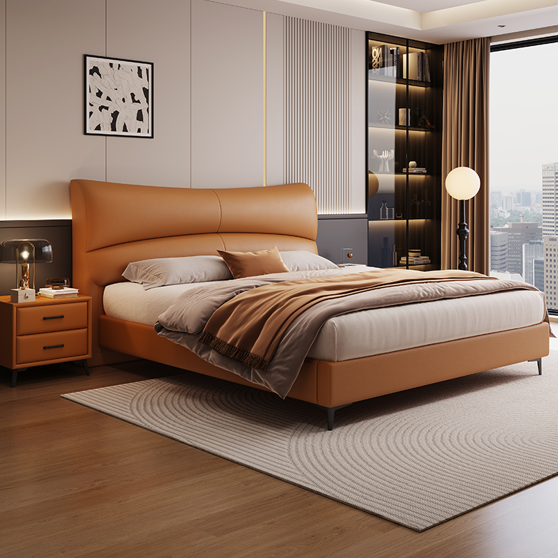 意式真皮床轻奢现代简约双人床主卧小户型实木储物床家用软包婚床