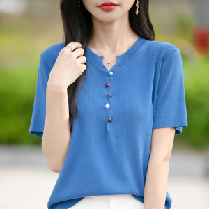 女夏季彩色纽扣V领短袖T恤针织衫2025新款短款辣妹风修身显瘦上衣
