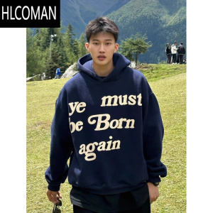 HLCOMAN特大码300斤藏青色美式连帽卫衣男潮牌长袖款ins加绒上衣