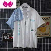 七斓日系新款卡通猫咪拼色短袖衬衫男女同款设计感夏季学院风宽松衬衣