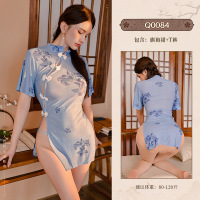 九里晴川连衣裙蓝趣内衣性感水墨江南高腰开叉古风古典旗袍 九里晴川Q0084[旗袍连衣裙-蓝] 均码