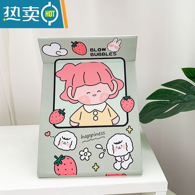 敬平可爱化妆镜学生宿舍桌面梳妆镜高清可立折叠镜子随身便携公主镜便携式用镜 草莓女孩[大号]20*14.5cm