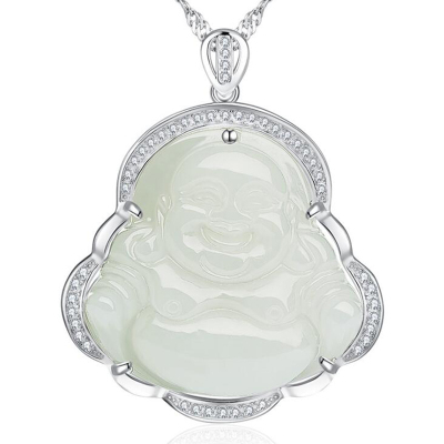 帛兰梓韵天然和田白玉吊坠925银玉石笑佛吊坠时尚女款纯银白玉笑佛挂件白玉