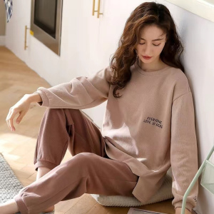 啄木鸟纯棉睡衣女士春秋款长袖韩版套头休闲可外穿全棉家居服套装