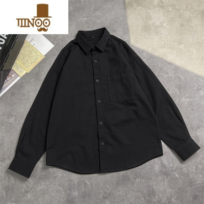 YANXU黑色衬衫男士秋季美式潮牌宽松大码休闲长袖衬衣潮流百搭痞帅外套