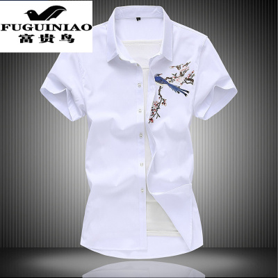 富贵鸟（FUGUINIAO）夏季男士短袖衬衫中国风印花大码胖子休闲衬衣宽松免烫百搭薄寸衫
