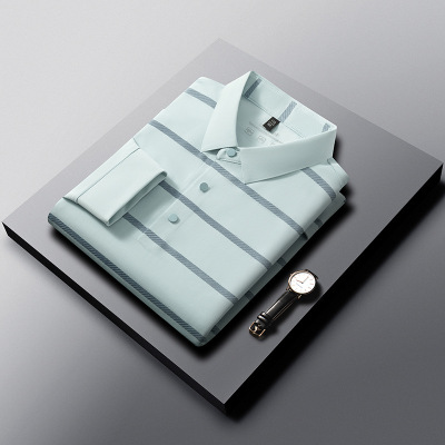 2026春季新款长袖polo衫男翻领条纹锦氨冰丝弹力舒适休闲男士T恤