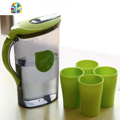 时尚冷水壶5件套装 塑料茶水壶大容量耐热密封防漏凉水壶 FENGHOU 4件套绿色(1.5L壶+3杯)