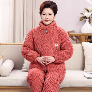 睡衣女冬季加加绒加厚三层夹棉拉链大码超厚保暖珊瑚绒家居服冬天