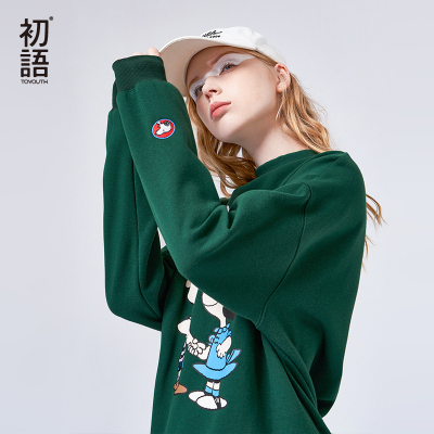 初语卫衣女宽松韩版2020早秋新款史努比圆领印花绿色短款盐系卫衣