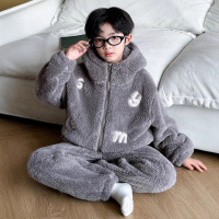 男童秋冬款珊瑚绒新款冬季加厚儿童法兰绒连帽家居服睡衣套装