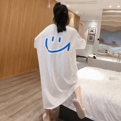 韩国大码T恤女装夏季中长款笑脸短袖打底衫女宽松开叉连衣裙_1