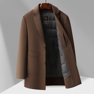 西装领双面呢羊毛大衣秋冬新款男士90白鸭绒脱卸内胆双面呢大衣潮