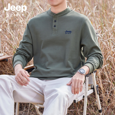 JEEP/吉普长袖T恤男春秋款亨利领纯棉运动休闲大码品质上衣服2025