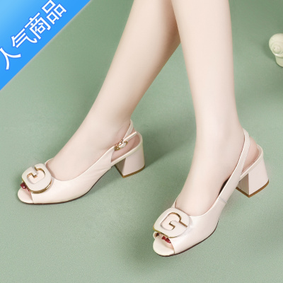 SUNTEK中跟凉鞋女粗跟时尚夏季一字扣女鞋2023年新款软底高跟鱼嘴鞋