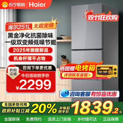 海尔(Haier) 251升无霜变频健康保鲜冰箱 简美三门 自然新鲜 一级变频 黑金净化BCD-251WGHC3E7AS