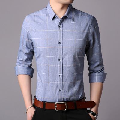 梵克公牛2021秋季新款男式长袖潮流衬衫时尚商务格子中青年男棉翻领衬衣官方男装