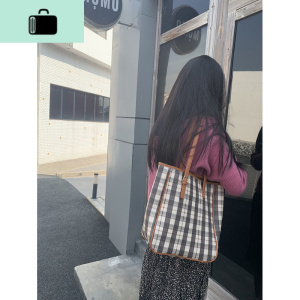 包包 女包 新款2019单肩包女复古格子大包包大容量购物袋托特包书NEW LAKE 灰棕格纹女士单肩包 灰棕格纹