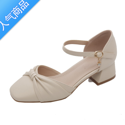 SUNTEK2023夏季新款包头凉鞋女一字扣中跟高跟鞋仙女风配裙子粗跟单鞋女