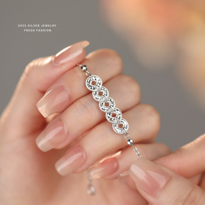 镀18K金手链925纯银五帝钱轻奢高级感流苏女式招财进宝风金币手链送女朋友老婆情人节七夕生日礼物