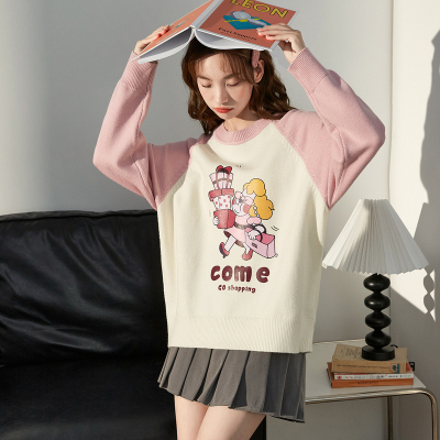 [3件8.5折110.4元,叠加优惠券]唐狮&凯伊莱文联名毛衣新款女圆领毛衣初秋奶系早春慵懒风D