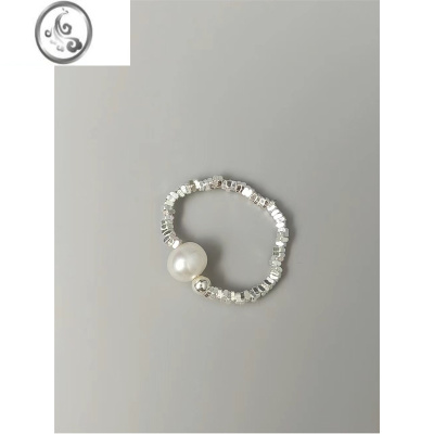 JiMi原创设计师款精细碎银子戒指珍珠S925银银弹力小众礼物