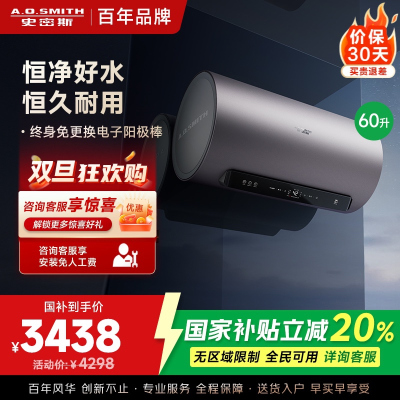 AO史密斯60升电热水器 国家补贴 金圭内胆 双棒分离速热 免换镁棒 免清洗 E60ED8