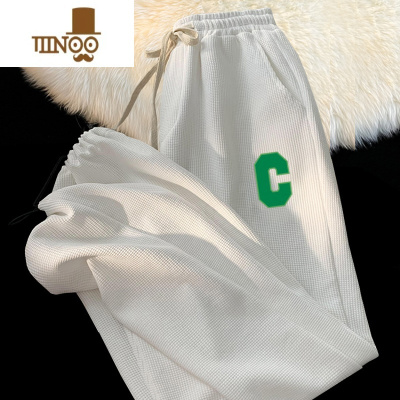 YANXU华夫格男士潮牌宽松运动抽绳束脚卫裤新款男生纯色百搭长裤