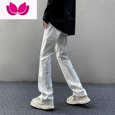 七斓纯黑色牛仔裤男按扣美式高街vibe裤子cleanfit直筒裤微喇休闲长裤