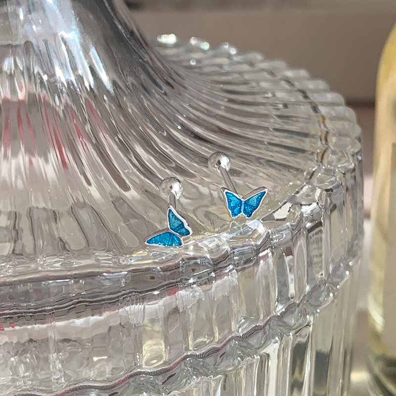 纯银蓝色滴釉蝴蝶耳钉养耳洞睡觉免摘小清新甜美耳骨钉女气质送女朋友老婆情人节七夕生日礼物