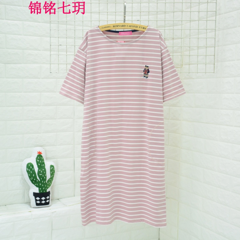 锦铭七玥睡衣 夏季新品可爱卡通熊条纹睡裙 女士短袖韩版睡衣