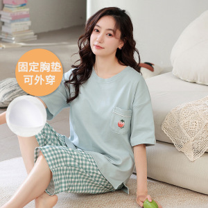 女士夏季带胸垫棉质睡衣短袖七分裤套装休闲宽松可外穿家居服大码