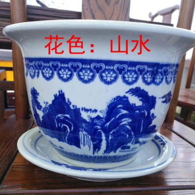 回固圆形陶瓷带托盘大号盆景花钵青花瓷器盆栽花卉种植树盆山水40-50CM