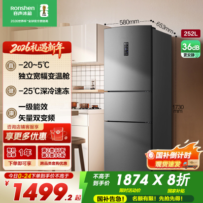 容声252升三门三开门电冰箱变频风冷一级矢量节能家用风冷无霜冷冻冷藏 BCD-252WD18NP