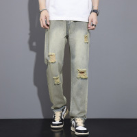 青春流行高街宽松牛仔裤男美式时髦帅气显年轻直筒破洞裤春夏