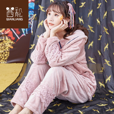 茜靓珊瑚绒睡衣女冬季公主风甜美可爱加厚保暖家居服法兰绒睡衣女套装