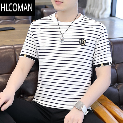 HLCOMAN2025新款男士短袖t恤潮流条纹潮牌百搭修身打底衫半袖上衣夏