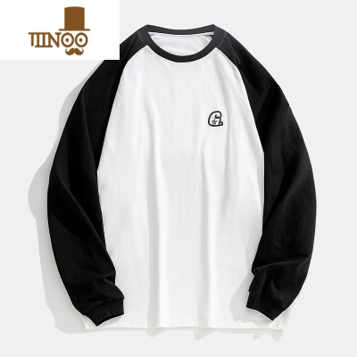 YANXUSLMH250g美式字母印花长袖T恤男宽松版撞色插肩袖卫衣