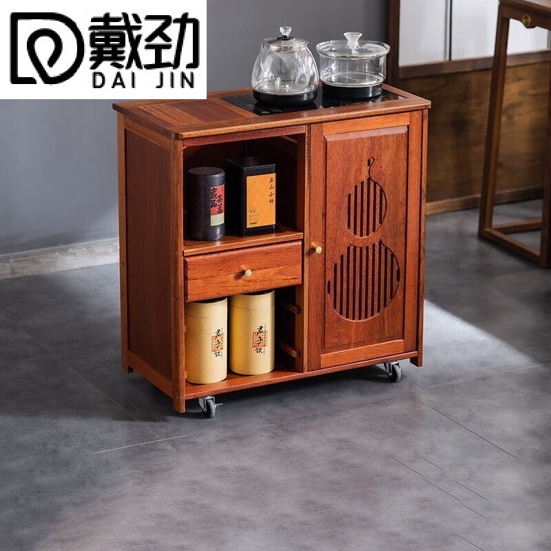 戴劲实木移动茶水柜茶桌边柜泡茶台烧水壶一体边柜单门单抽玻璃电器