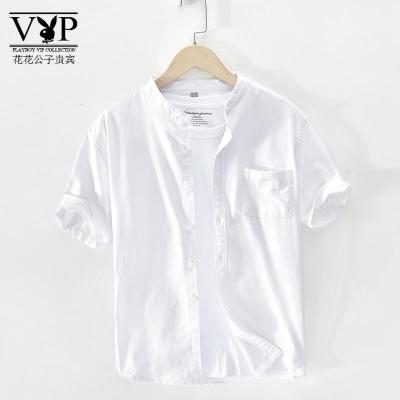 花花公子贵宾小清新基础立领棉短袖衬衫男士休闲大码文艺宽松半袖简约衬衣潮