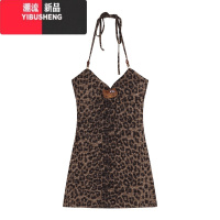 YIBUSHENG辣妹豹纹挂脖吊带连衣裙女装季修身露背短裙显身材收腰包臀裙子