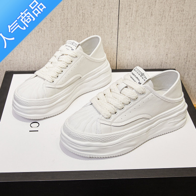 SUNTEK厚底小白鞋女2023秋季新款百搭贝壳头鞋系带增高休闲单鞋