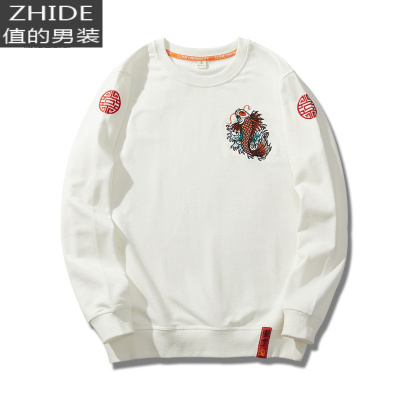 SUNTEK薄款长袖卫衣男圆领中国风鲤鱼刺绣春秋款大码宽松休闲男装潮卫衣