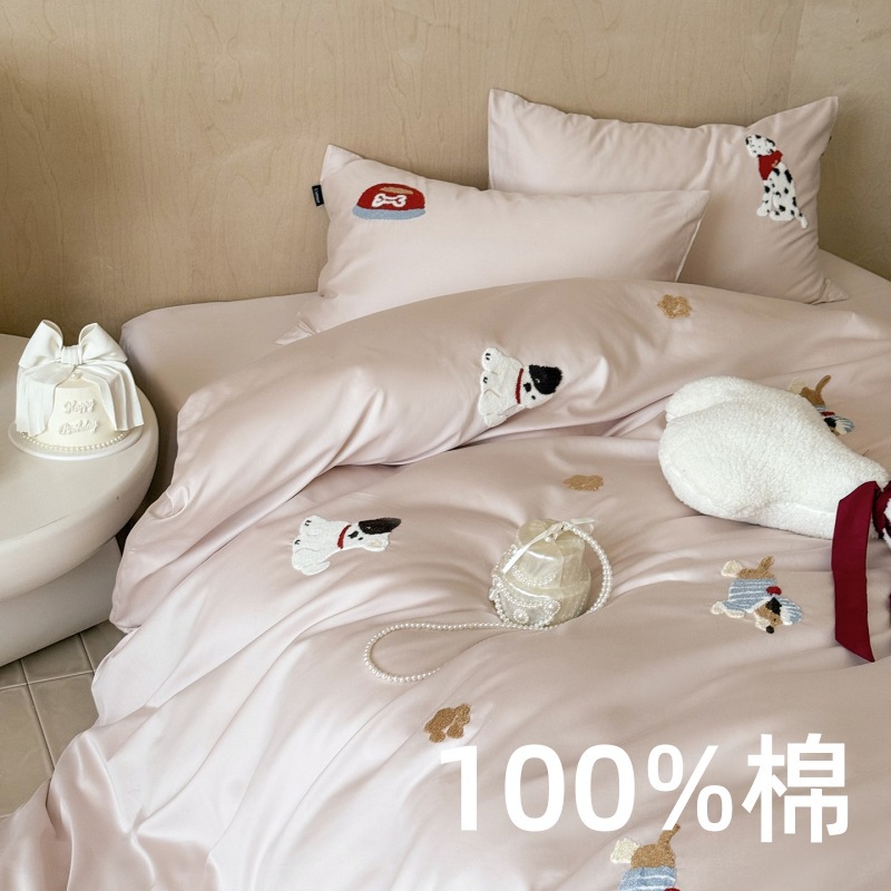 可爱风100s长绒棉床上三四件套 卡通毛巾绣纯棉床单被套床品