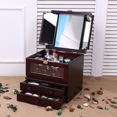 化妆品收纳盒实木质手提便携大号多层化妆盒韩国梳妆盒带镜收纳箱